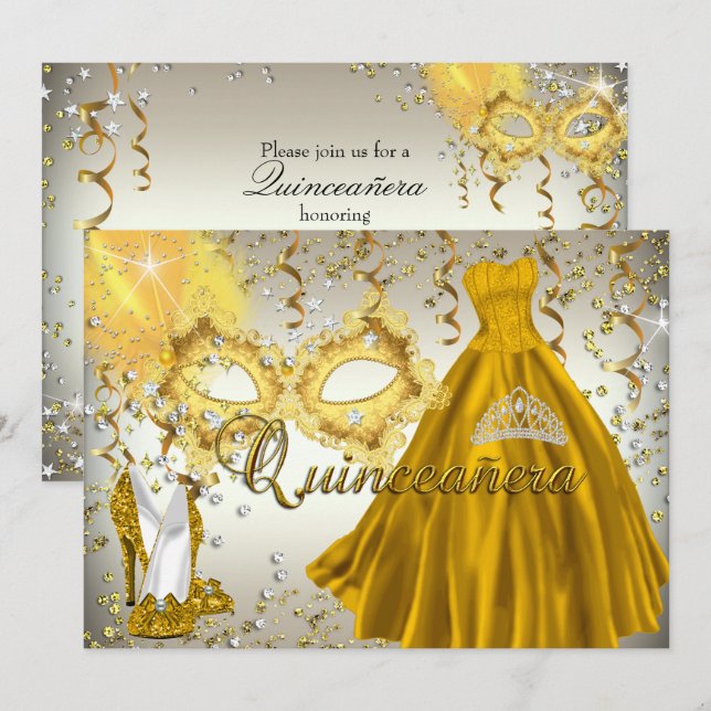 Gold Silver Mask Masquerade Quinceanera Invite (Front/Back)