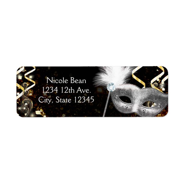 Gold & Silver Masquerade Mask Birthday Party Label (Front)