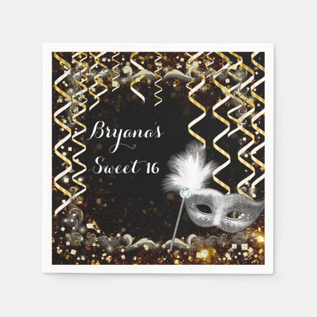 Gold & Silver Masquerade Mask Birthday Party Napkins (Front)