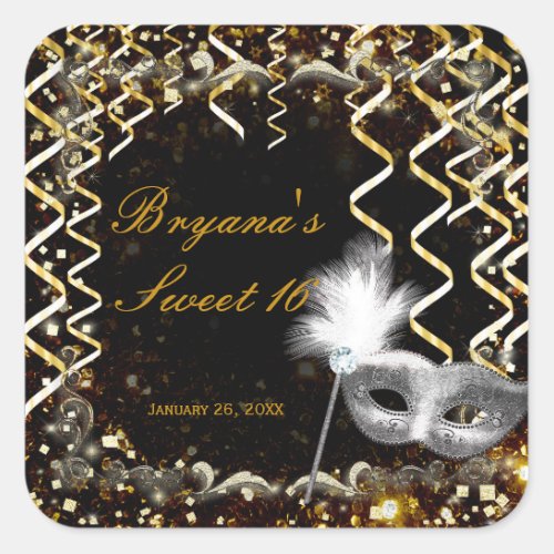 Gold  Silver Masquerade Mask Birthday Party Square Sticker