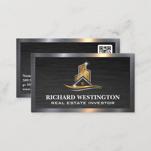 Gold Silver Metallic Real Estate Logo  QR Business Card