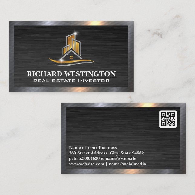 Gold Silver Metallic Real Estate Logo | QR Business Card (Front/Back)