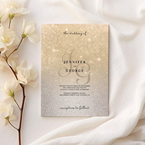 Gold silver monogram initial ombre glitter wedding invitation