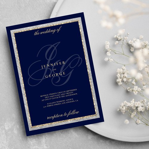 Gold silver navy blue monogram initals wedding  invitation
