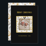 Gold Silver Ornaments Black Photo Christmas Card<br><div class="desc">This lovely Christmas card features a watercolor pattern of vintage gold, silver, and black ornaments that is nicely elegant. "Merry Christmas" is in faux gold colored text. Edit the "from" names and date. The main feature of the front of this flat card is a beautiful family photo. Be sure to...</div>