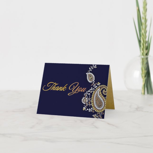Gold Silver Paisley Hindu Wedding Thank You Card (Front)