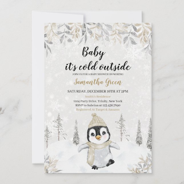 Gold Silver Penguin Baby Shower Invitation (Front)