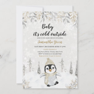 Gold Silver Penguin Baby Shower Invitation