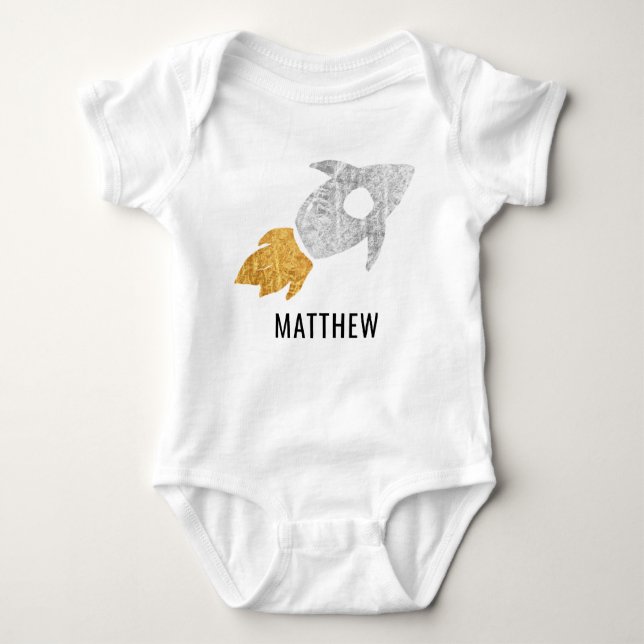Gold Silver Personalized Rocket Outer Space Kids Baby Bodysuit (Front)