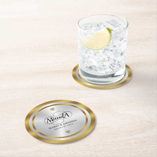 Gold Silver Personalized Wedding Monogram Round Paper Coaster (Insitu)