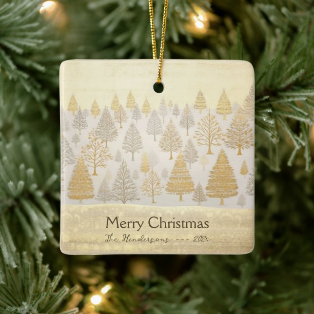 Gold Silver Pine Trees Christmas Ceramic Ornament (Tree)
