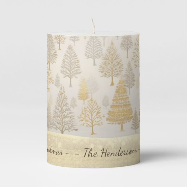 Gold Silver Pine Trees Christmas Pillar Candle (Front)