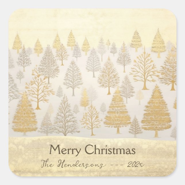 Gold Silver Pine Trees Christmas Square Sticker (Front)