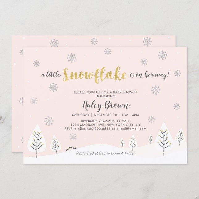 Gold, Silver & Pink Winter Wonderland Baby Shower Invitation (Front/Back)