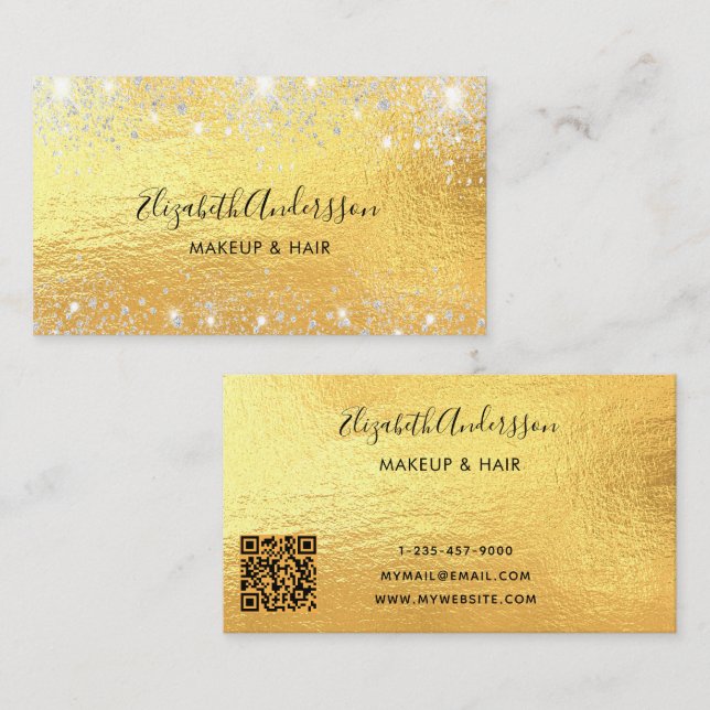 Gold silver QR code script Business Card (Front/Back)