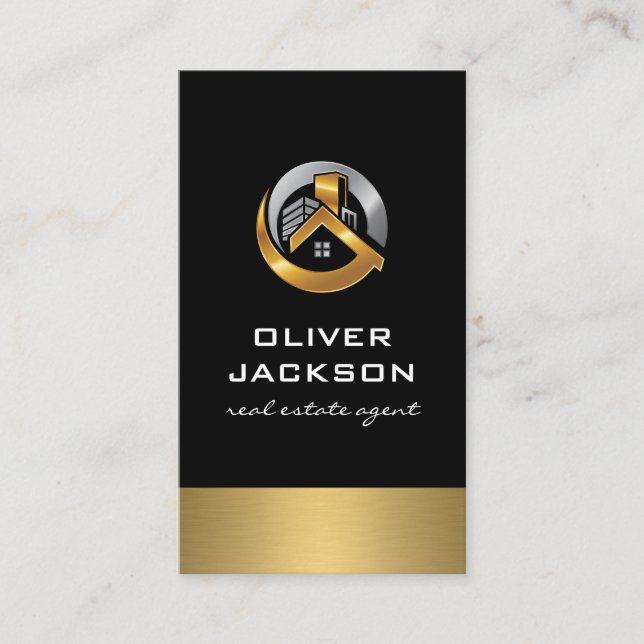 Gold Silver Real Estate Home Logo Business Card (Front)