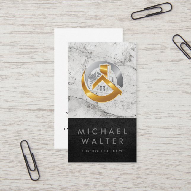 Gold Silver Real Estate Logo | Marble Leather Business Card (Front/Back In Situ)