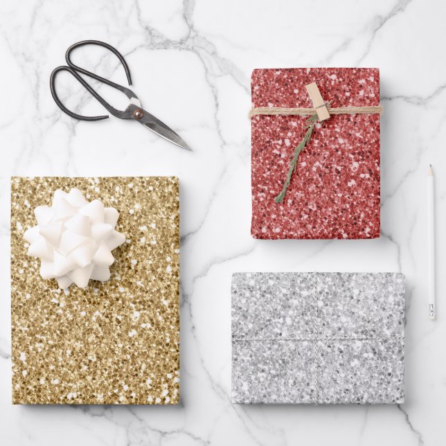 Gold Silver Red Glitz Glitter      Wrapping Paper Sheets (Front)