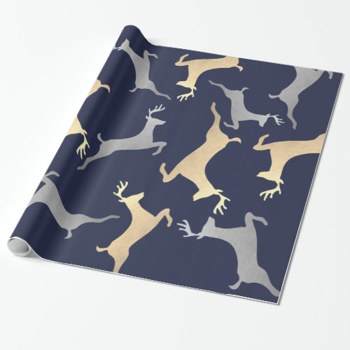 Gold Silver Reindeer Christmas Holiday Navy Blue Wrapping Paper