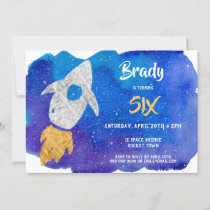 Gold Silver Rocket Ship Outer Space Birthday Party Invitation