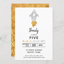 Gold Silver Rocket Ship Outer Space Birthday Party Invitation
