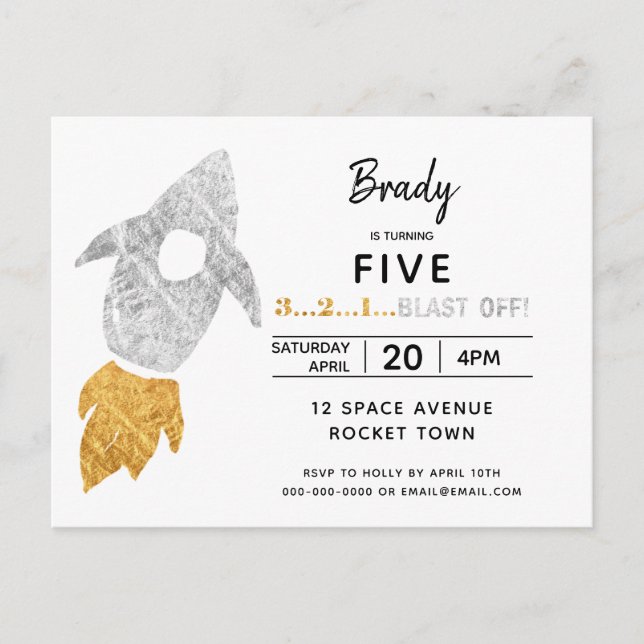 Gold Silver Rocket Ship Outer Space Birthday Party Invitation Postcard (Front)