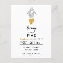 Gold Silver Rocket Ship Outer Space Birthday Party Invitation Postcard
