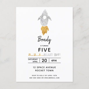 Gold Silver Rocket Ship Outer Space Birthday Party Invitation Postcard