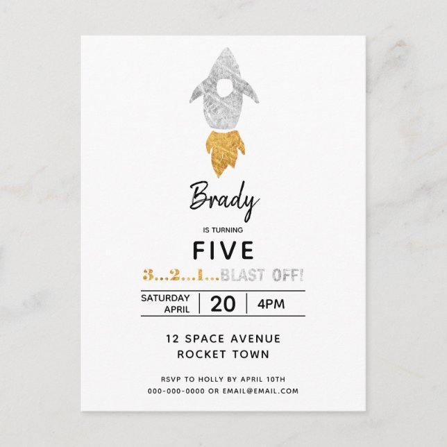 Gold Silver Rocket Ship Outer Space Birthday Party Invitation Postcard (Front)