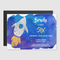 Gold Silver Rocket Ship Outer Space Birthday Party Magnetic Invitation