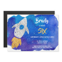 Gold Silver Rocket Ship Outer Space Birthday Party Magnetic Invitation