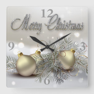Gold & Silver Shimmer Christmas Ornaments Square Wall Clock