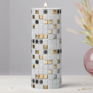 Gold Silver Small Tile Pattern Pillar Candle
