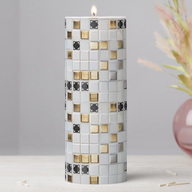 Gold Silver Small Tile Pattern Pillar Candle (In Situ)