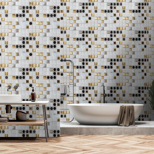 Gold Silver Small Tile Pattern Wallpaper (Bathroom)