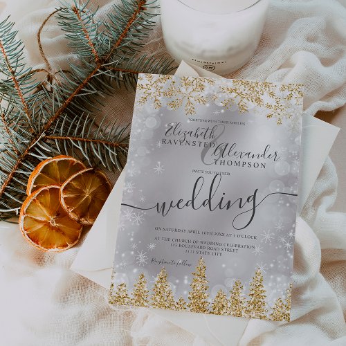 Gold silver snow pine Christmas winter wedding Invitation