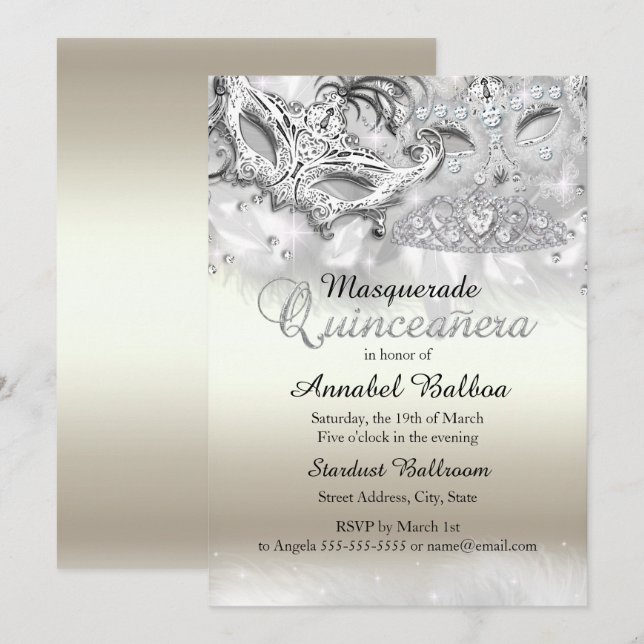 Gold Silver Sparkle Masquerade Quinceanera Invite (Front/Back)