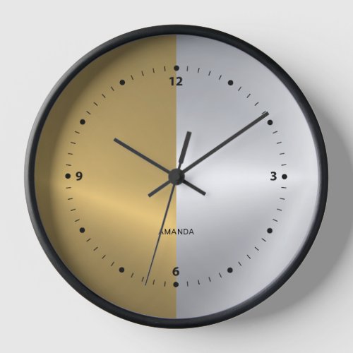 Gold  Silver Split Screen Geometric Design Clock