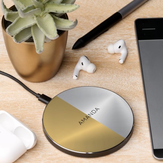 Gold & Silver Split Screen Geometric Design Wireless Charger (Desk 2)