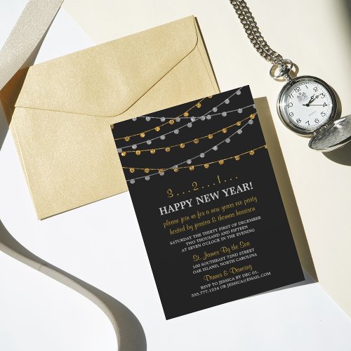 Gold  Silver String Lights New Years Eve Party Invitation