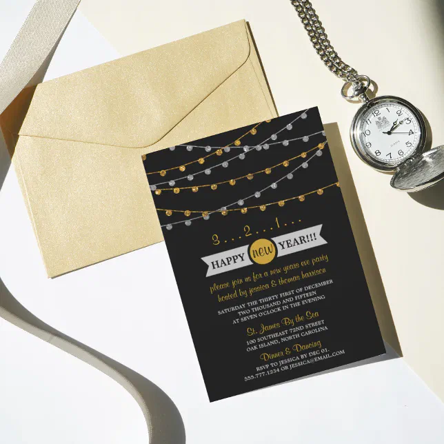 Gold & Silver String Lights New Years Eve Party Invitation | Zazzle