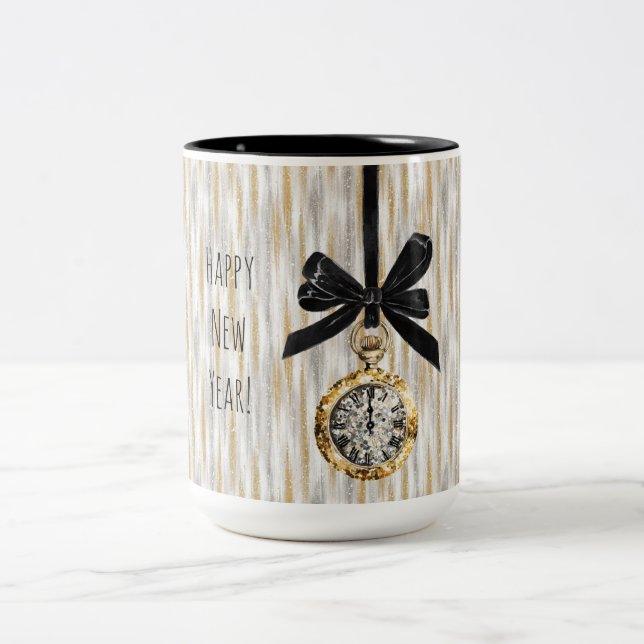 Gold Silver Stripes New Year's Eve Midnight Two-Tone Coffee Mug (Center)