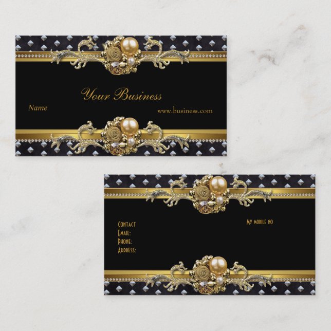 Gold Silver Studs Black Elegant Classy Jewel 2 Business Card (Front/Back)