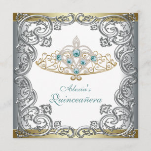 Gold Silver Teal Tiara Quinceanera Invitation