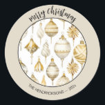 Gold Silver Vintage Christmas Ornaments Classic Round Sticker<br><div class="desc">Gold and silver Christmas ornaments are featured in this elegant vintage watercolor pattern. We think they look classy on these tan-bordered holiday stickers. You can edit the greeting "Merry Christmas" which is in a black color that goes with the design elements. Also, remember to change the example "from" names and...</div>