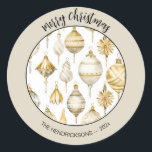 Gold Silver Vintage Christmas Ornaments Classic Round Sticker<br><div class="desc">Gold and silver Christmas ornaments are featured in this elegant vintage watercolor pattern. We think they look classy on these tan-bordered holiday stickers. You can edit the greeting "Merry Christmas" which is in a black color that goes with the design elements. Also, remember to change the example "from" names and...</div>
