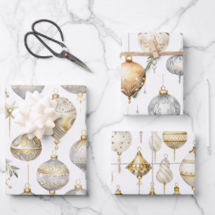 Gold Silver Vintage Christmas Ornaments Wrapping Paper Sheets