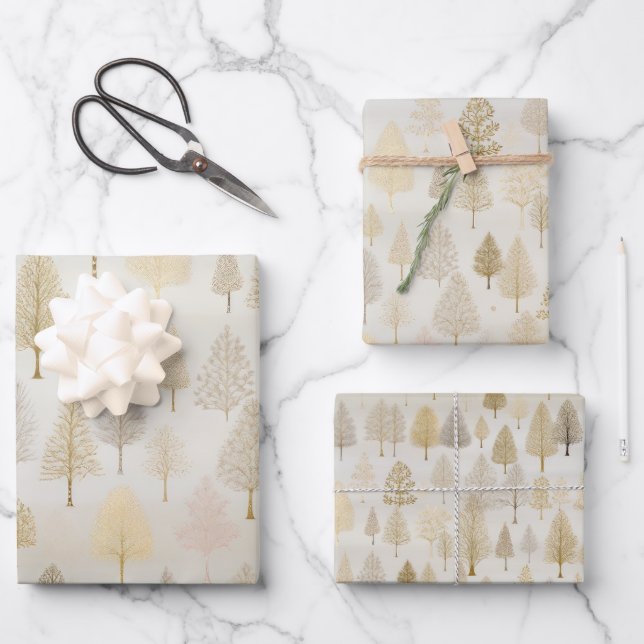 Gold Silver Watercolor Christmas Trees Wrapping Paper Sheets (Front)
