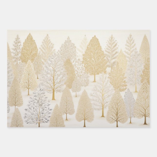 Gold Silver White Christmas Trees Wrapping Paper Sheets (Front)