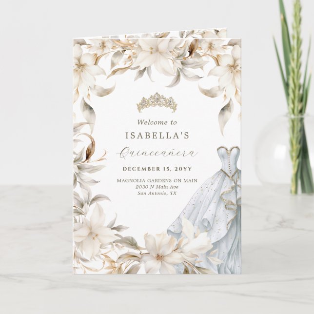 Gold Silver White Floral Folded Quinceañera Program (Front)